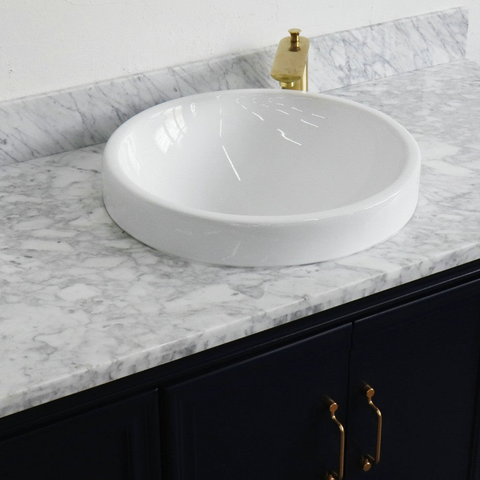 49" Single Sink Vanity, Blue Finish With White Carrara Marble and Round Sink