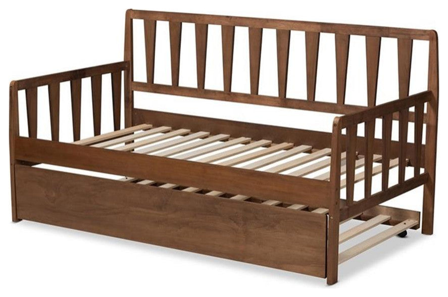 Midori Walnut Brown Wood Twin Size Daybed With Roll, Out Trundle Bed