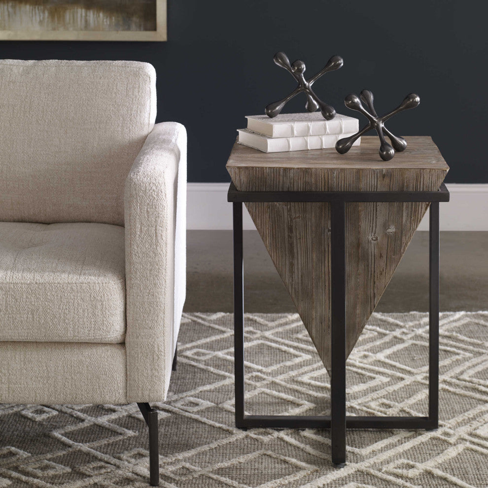 Modern Rustic Industrial Pyramid End Table, Geometric Iron Wood Block Accent