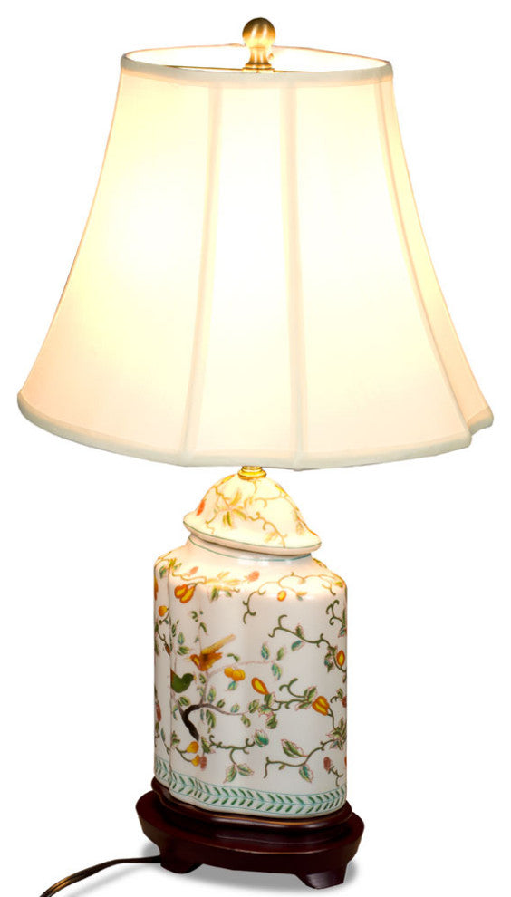 White Bird and Flower Motif Asian Porcelain Lamp