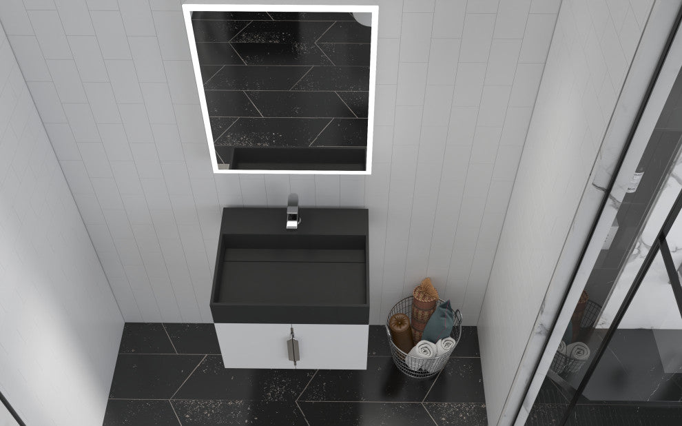 CastelloUSA Amazon 24" Wall Mounted Bathroom Vanity Set, White, Black Top, Brushed Nickel