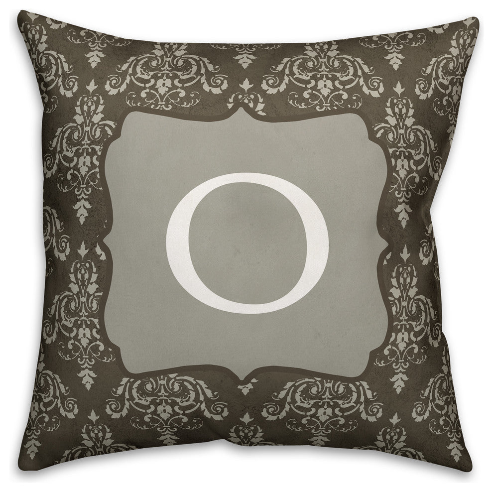 O Dark Gray Damask Monogram Spun Poly Pillow, 18x18