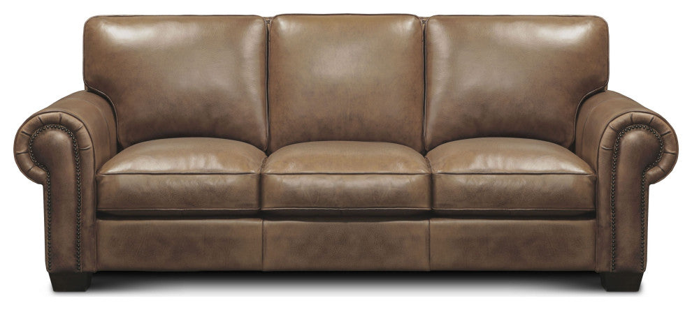 Valencia 100% Top Grain Hand Antiqued Leather Traditional Sofa, Taupe