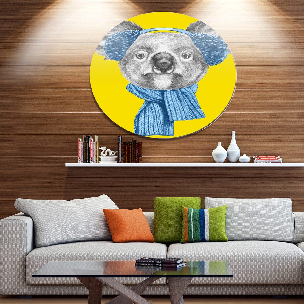 Koala With Scarf And Earmuffs, Modern Animal Disc Metal Wall Art, 23"