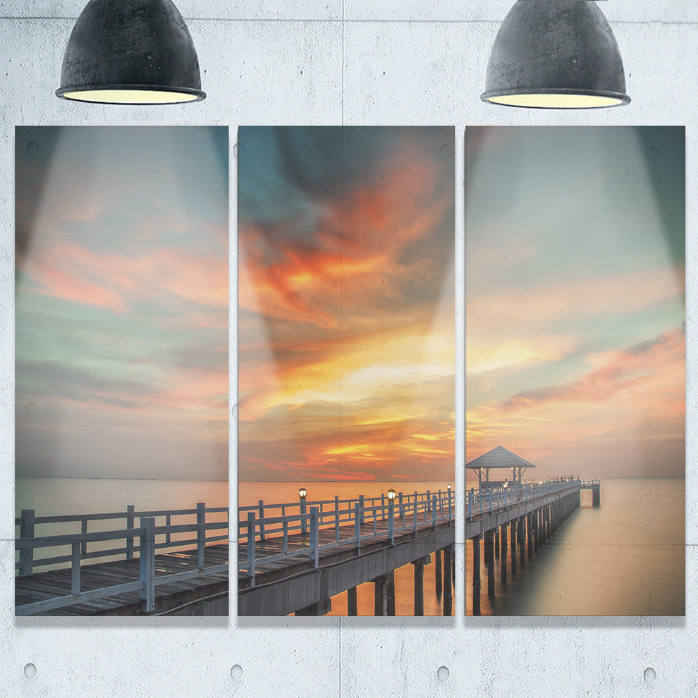 "Colorful Sky and Long Wooden Pier" Sea Pier Metal Wall Art, 3 Panels, 36"x28"
