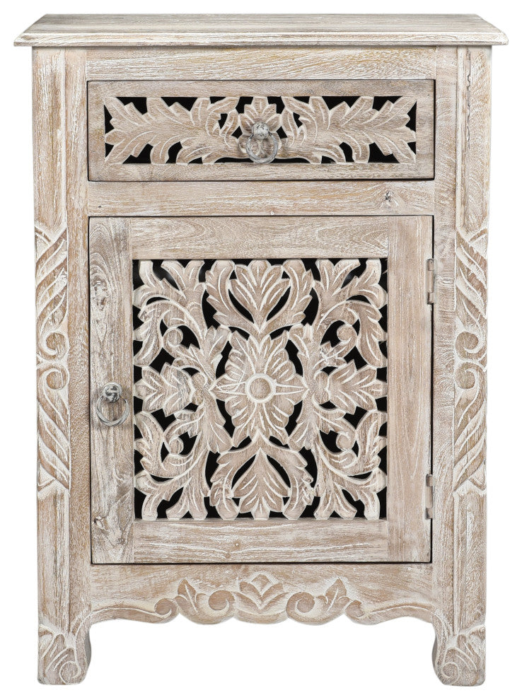 Delaney Carved 1 Door Nightstand, Sand White, Right