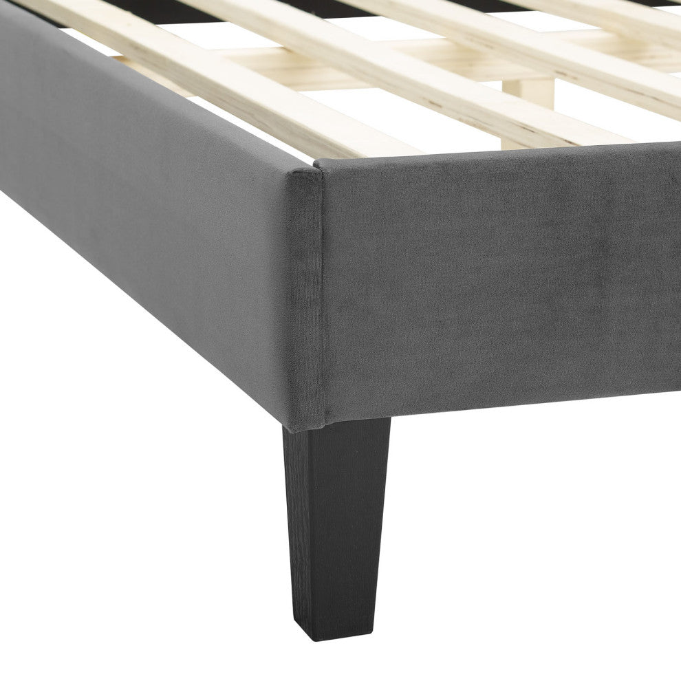 Platform Bed Frame, King Size, Charcoal Gray, Velvet, Modern, Guest Suite