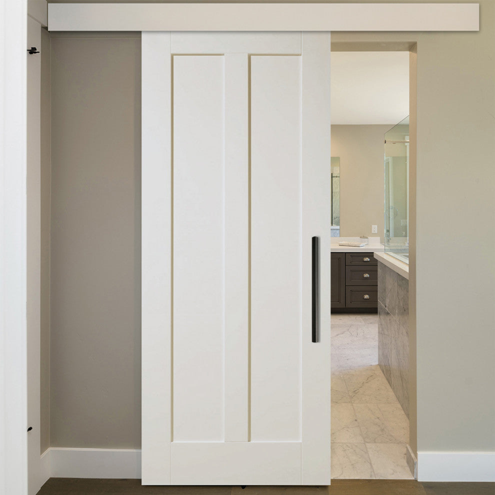 Shaker Wood Sliding Barn Door with 10 different panel designs, Primed White, 34"x84"