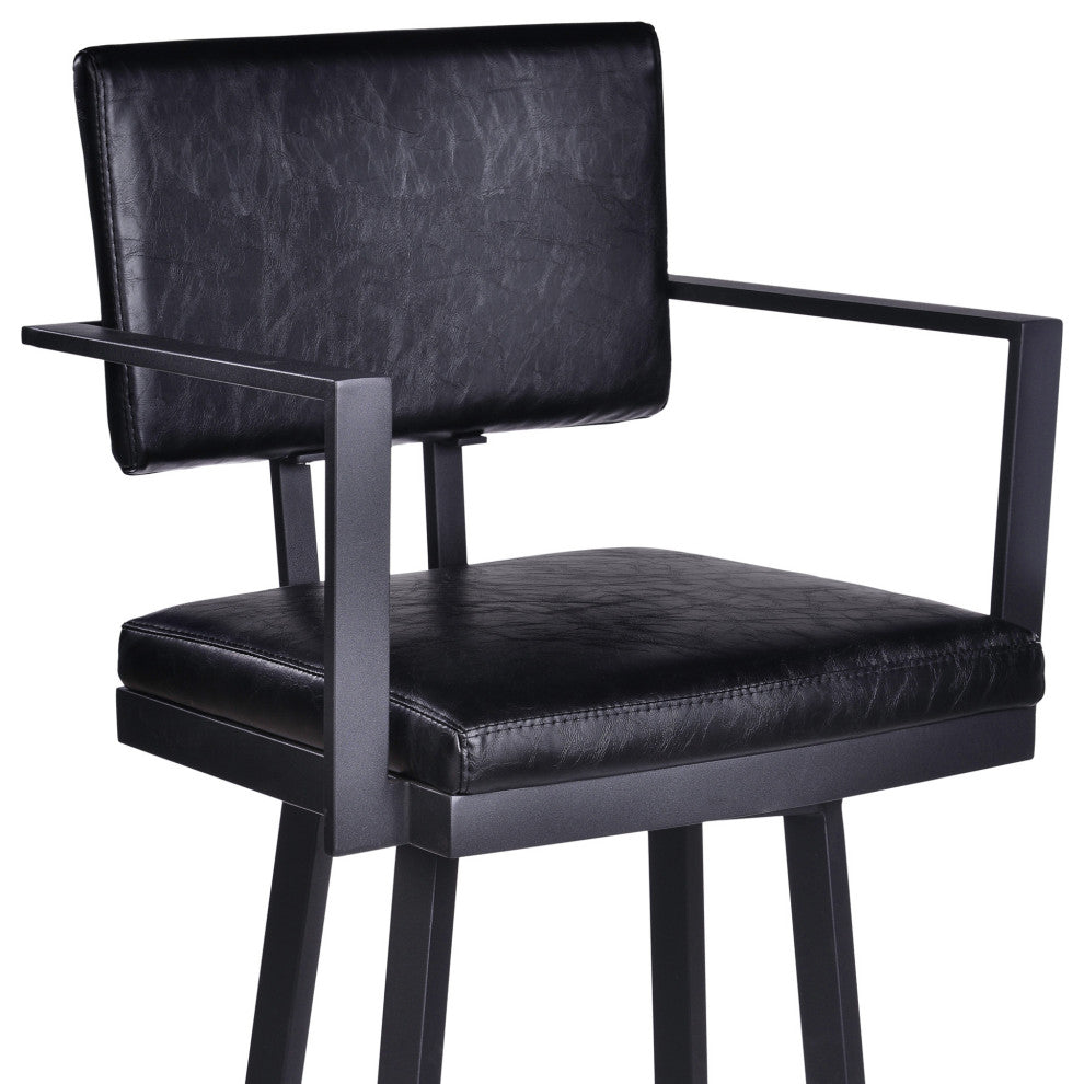 30" Vintage Black on Black Faux Leather Rectangular Swivel Barstool