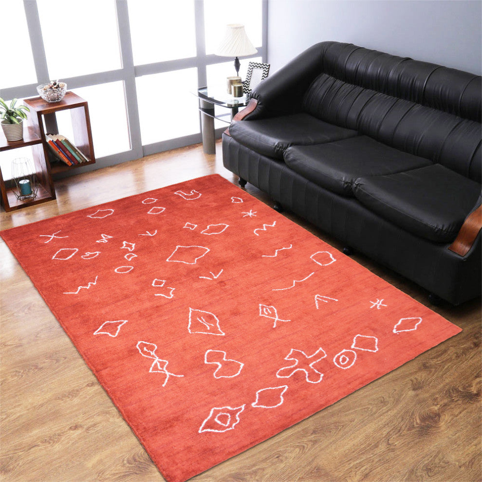 HAND KNOTTED LOOM SILK AREA RUGS-8'x11',Rectangle,Light Red White,Contemporary