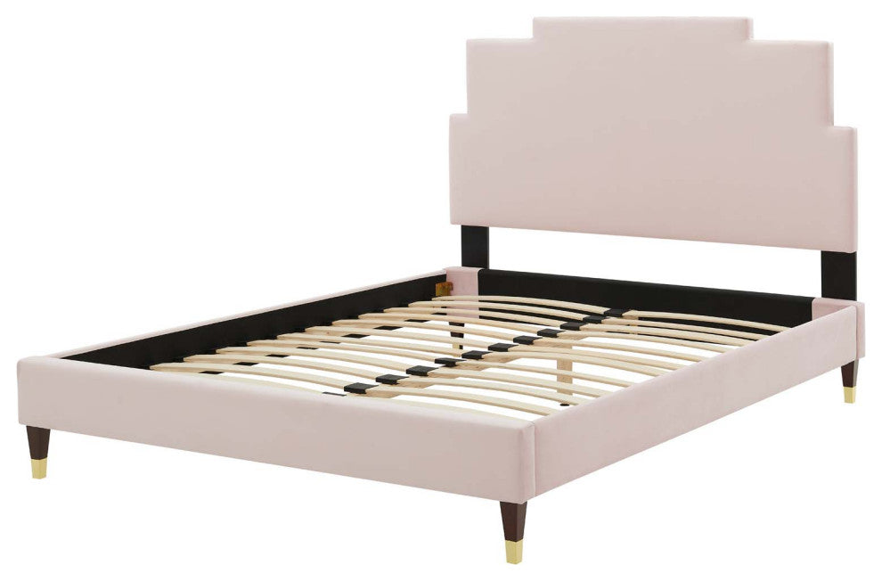 Platform Bed Frame, Queen Size, Velvet, Pink, Modern Contemporary, Bedroom