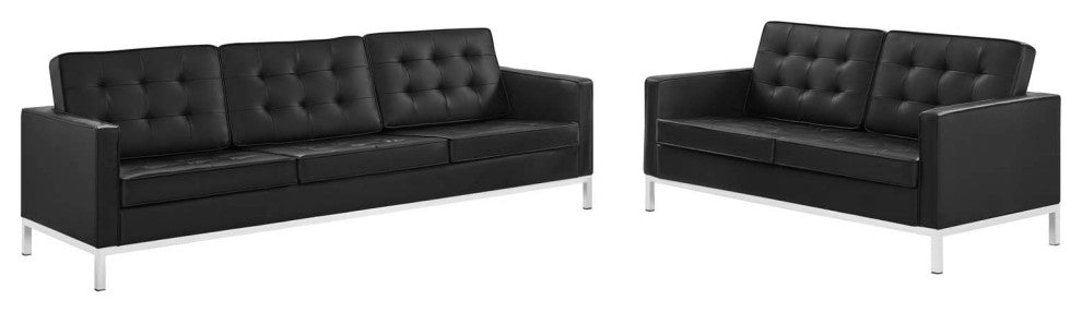 Loft Tufted Upholstered Faux Leather Sofa and Loveseat Set Silver Black