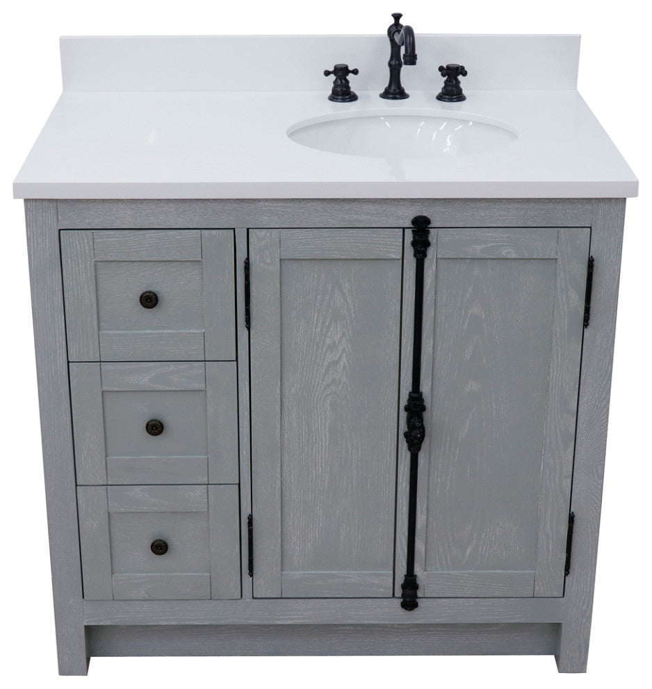 37" Vanity, Gray Ash With Engineered Stone Top, Right Doors/Right Oval Sink