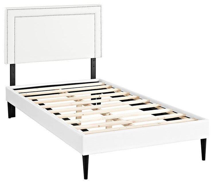Jessamine Twin Vinyl Platform Bed With Round Tapered Legs, White