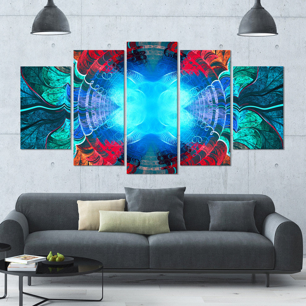 Blue Fractal Circles and Waves, Contemporary Canvas Art Print, 60"x32", 5 Panels