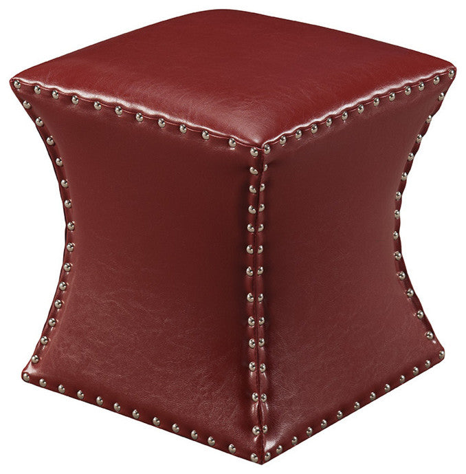 Rylen Nailhead Trim Upholstered Square Stool Ottoman, Red