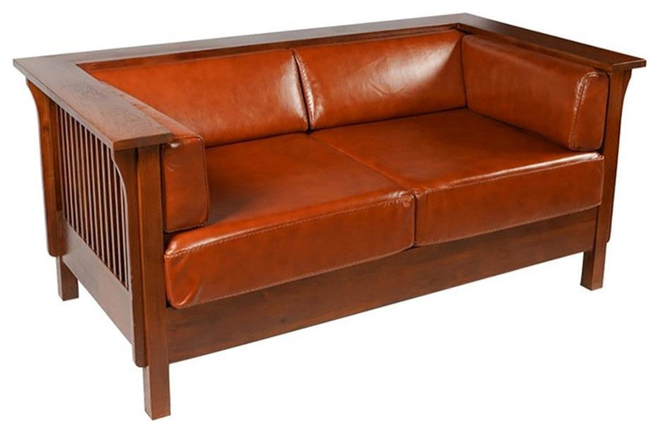 Arts and Crafts / Craftsman Cubic Slat Side Love Seat - Russet Brown Leather (RB