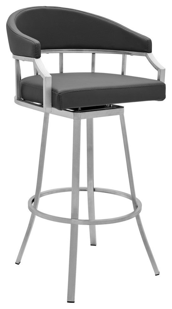 Palmdale Swivel Faux Leather Stool, Gray/Brushed Stainless Steel, 30" Bar Height