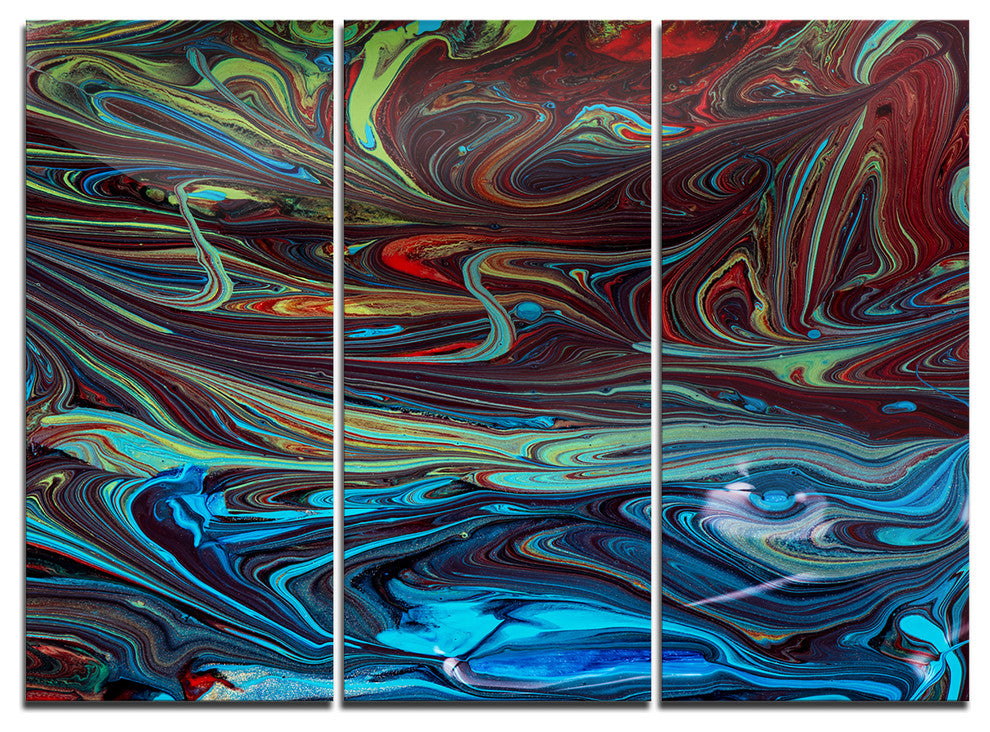 "Red Blue Abstract Acrylic Paint Mix" Metal Wall Art, 3 Panels, 36"x28"