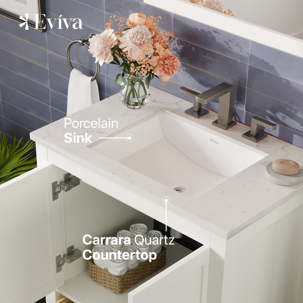 Eviva Aberdeen 30"W White Bath Vanity, White Carrara Quartz Countertop