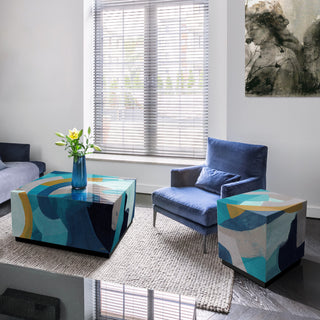 "Puzzle Blues" Reverse Printed Glass Side Table with Black Plinth Base Set of 2