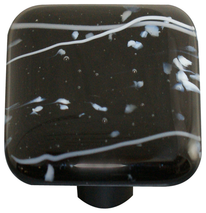 Art Glass Square Mardi Gras Knob, Black Post, White Mg Black