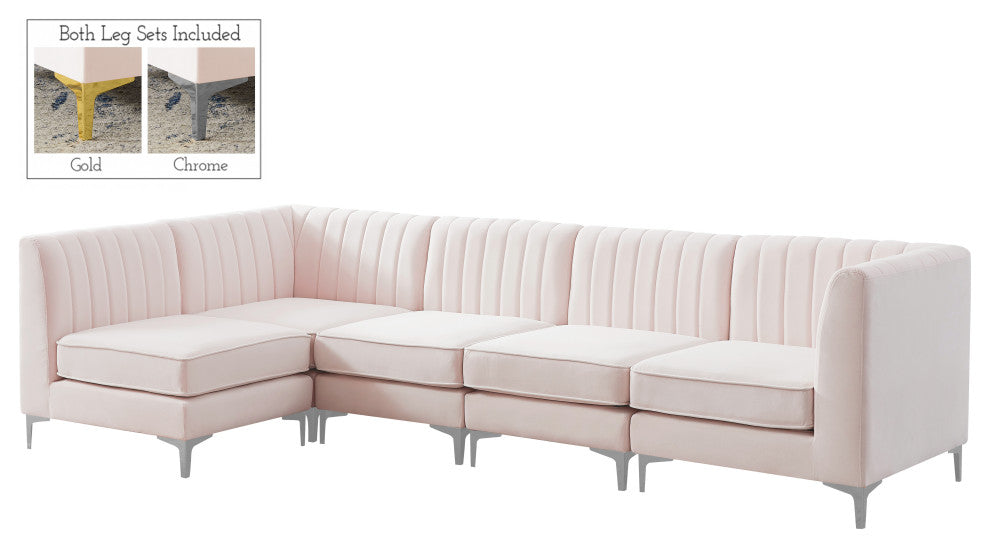 Alina Velvet Modular L-Shaped Modular Sectional, Pink, 5-Piece: 3 Armless Chair, 2 Corner Chair