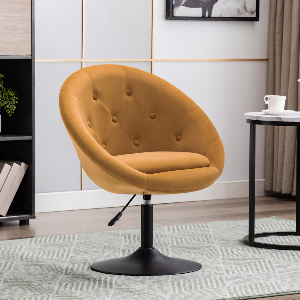 Button Tufted Swivel Velvet Papasan Chair, Earthy Yellow