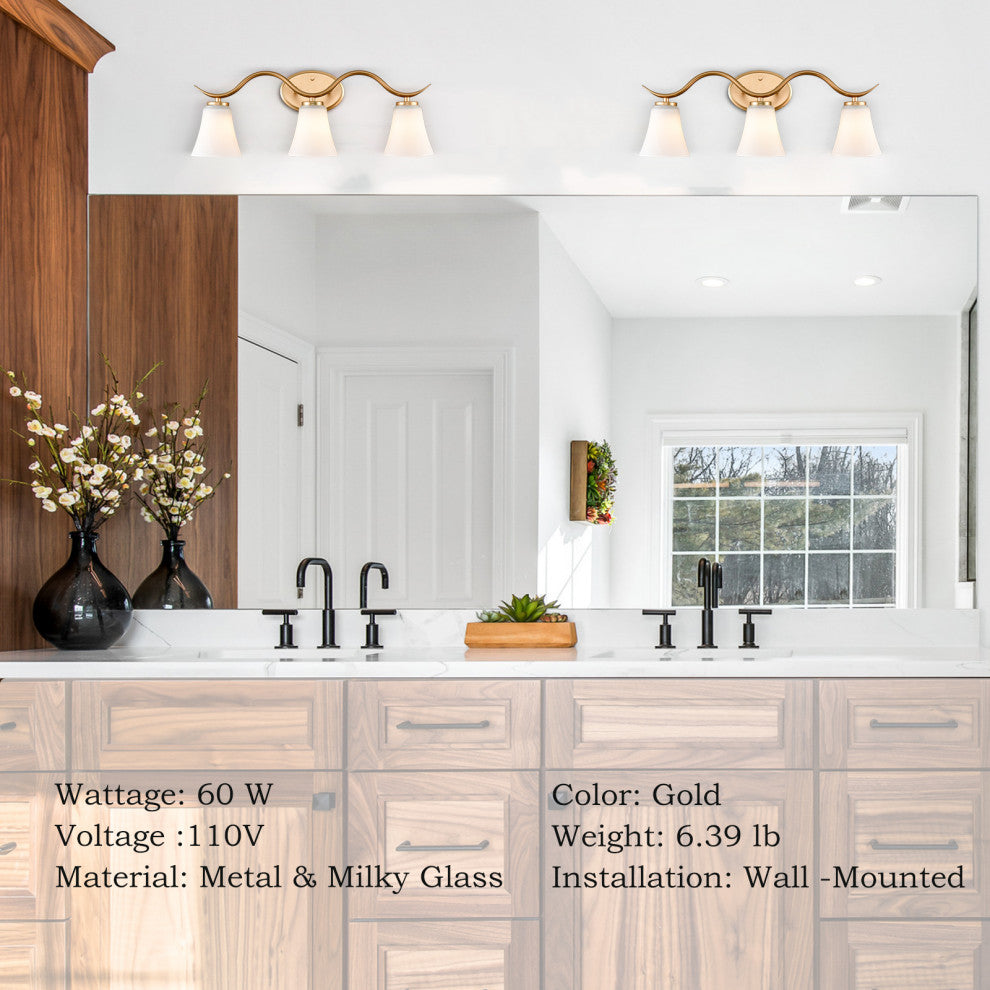 Modern Gold Bathroom Vanity Light 3-Light Milk Glass