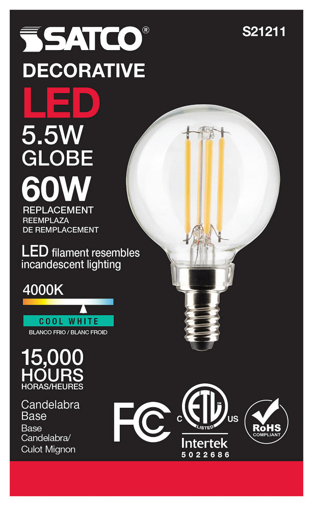 5.5W G16.5 LED, Clear, Candelabra Base, 90 CRI, 4000K, 120V