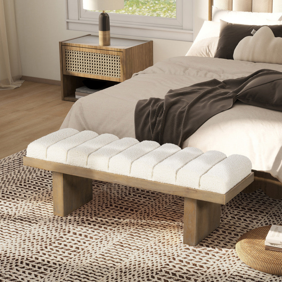 Bella 52" Vertical Tufted Modern Accent Bench, Ivory White Boucle