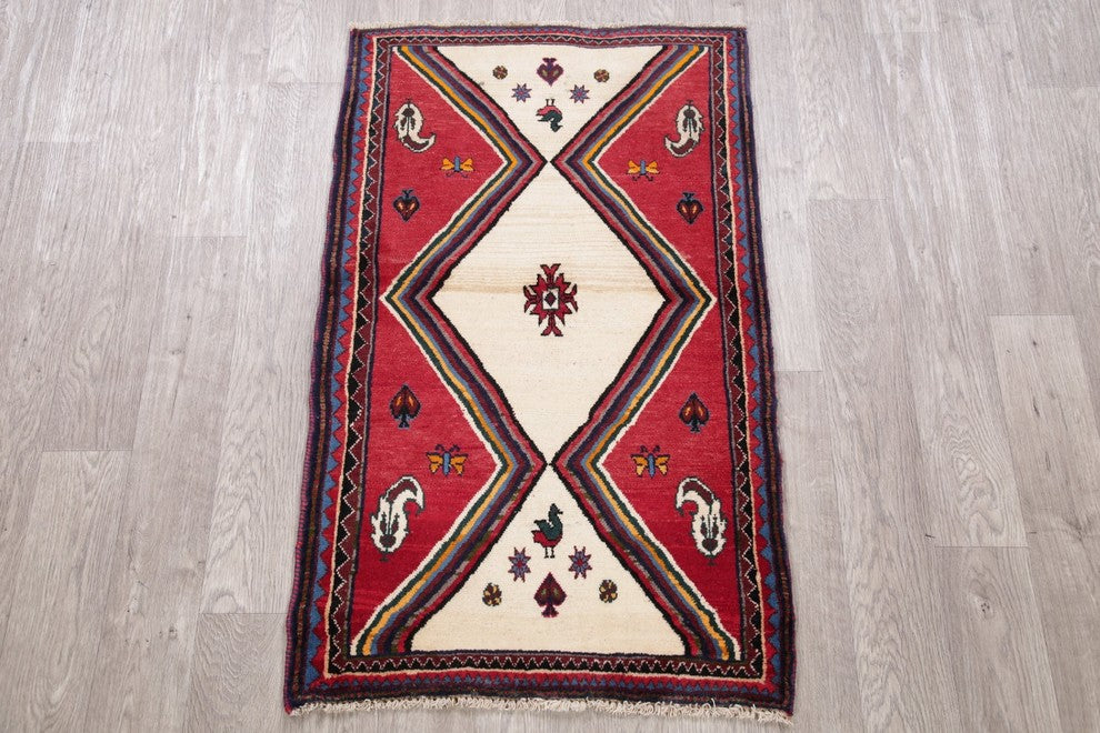 Consigned, Gabbeh Handmade Persian Oriental Low Pile Carpet, Beige, 4'1"X2'7"