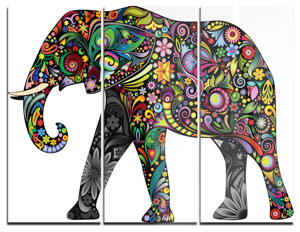 "Floral Cheerful Elephant" Digital Metal Wall Art, 3 Panels, 36"x28"