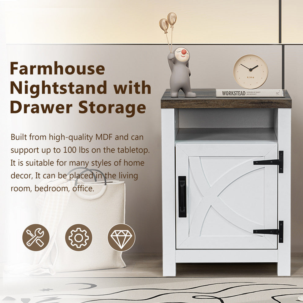 Farmhouse Nightstand with Drawer Storage