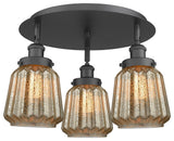 Chatham-3 Light 18" Flush Mount-Matte Black, Mercury Glass Shade