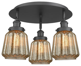 Chatham-3 Light 18" Flush Mount-Matte Black, Mercury Glass Shade