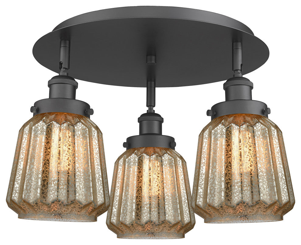 Chatham-3 Light 18" Flush Mount-Matte Black, Mercury Glass Shade