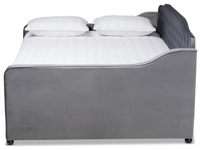 Baxton Studio Freda Gray Velvet and Button Tufted Queen Size Wood Dayb