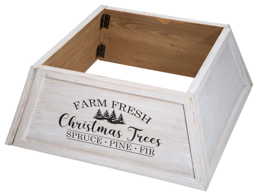 Washed White Wooden Trapezoid Farm Fresh Christmas Trees Tree Collar, 26"L