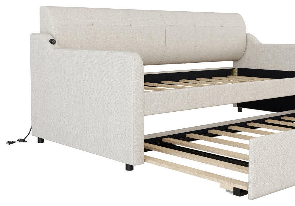 Gewnee Twin Upholstered Daybeds with Trundle and USB Charging,Beige