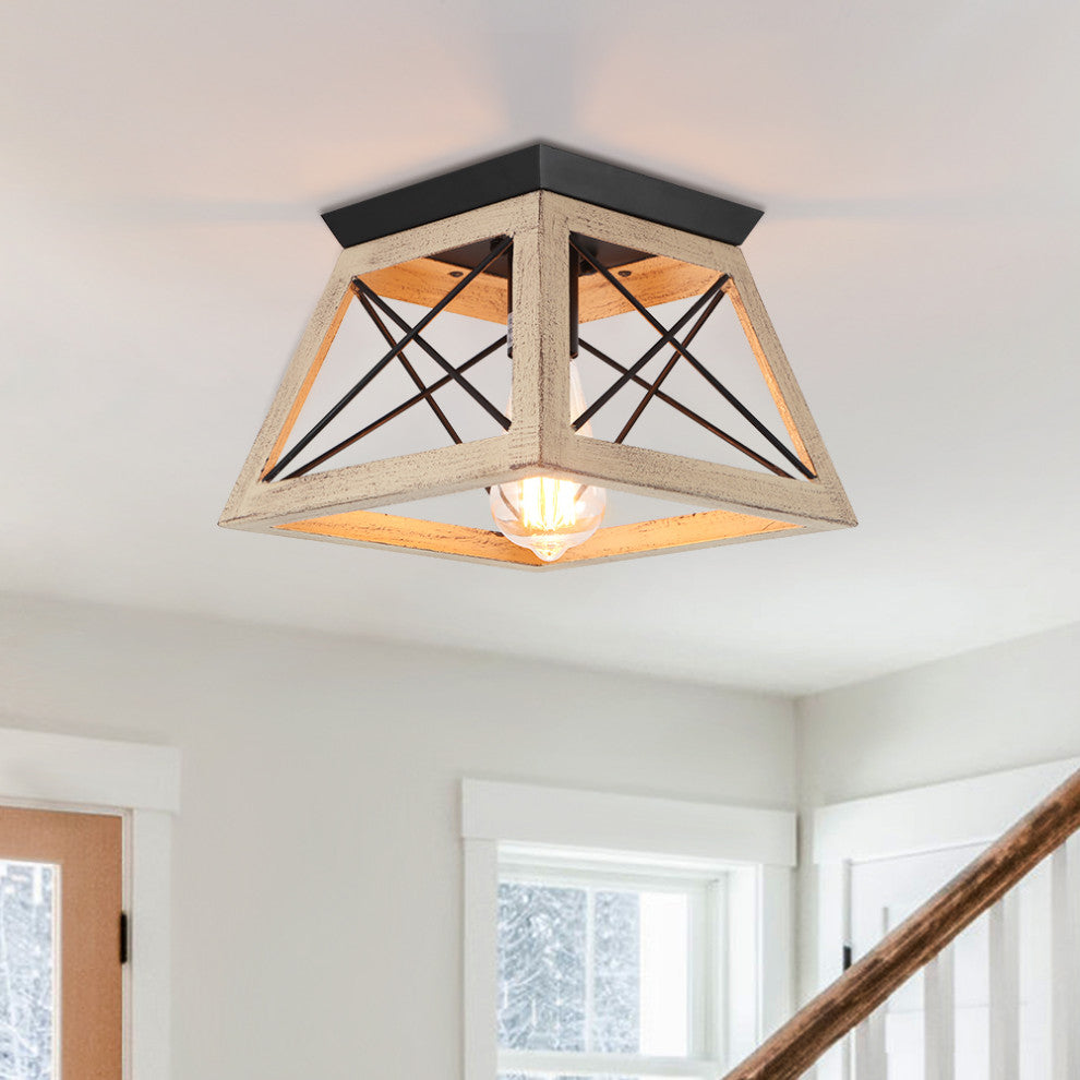 Farmhouse Rustic 1-Light Geometric Flush Mount, Brown