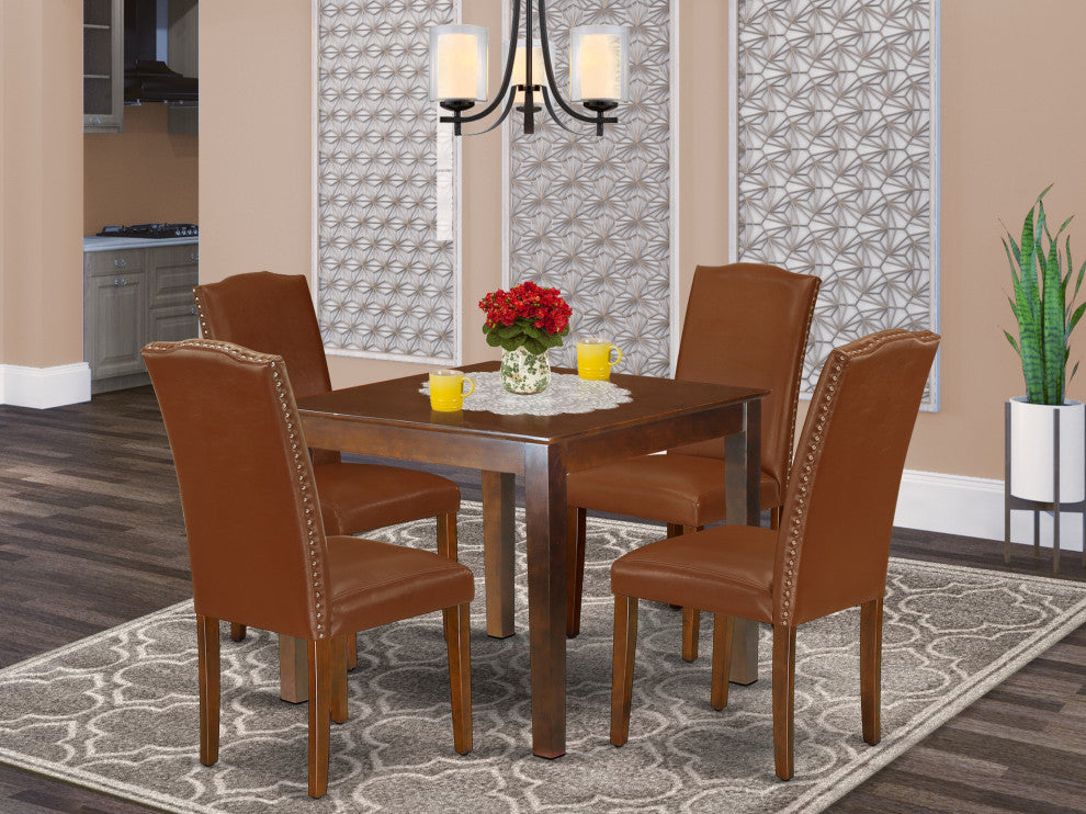 5Pc Square 36" Table, Four Parson Chair, Mahogany Leg, Brown Flaux Leather
