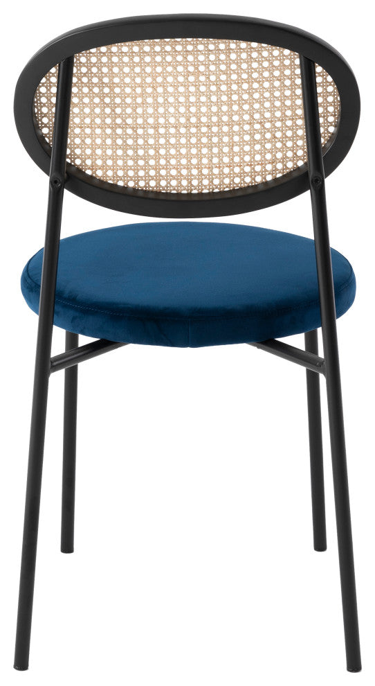 LeisureMod Euston Dining Chair with Wicker Back & Velvet Seat Set of 2, Navy Blue