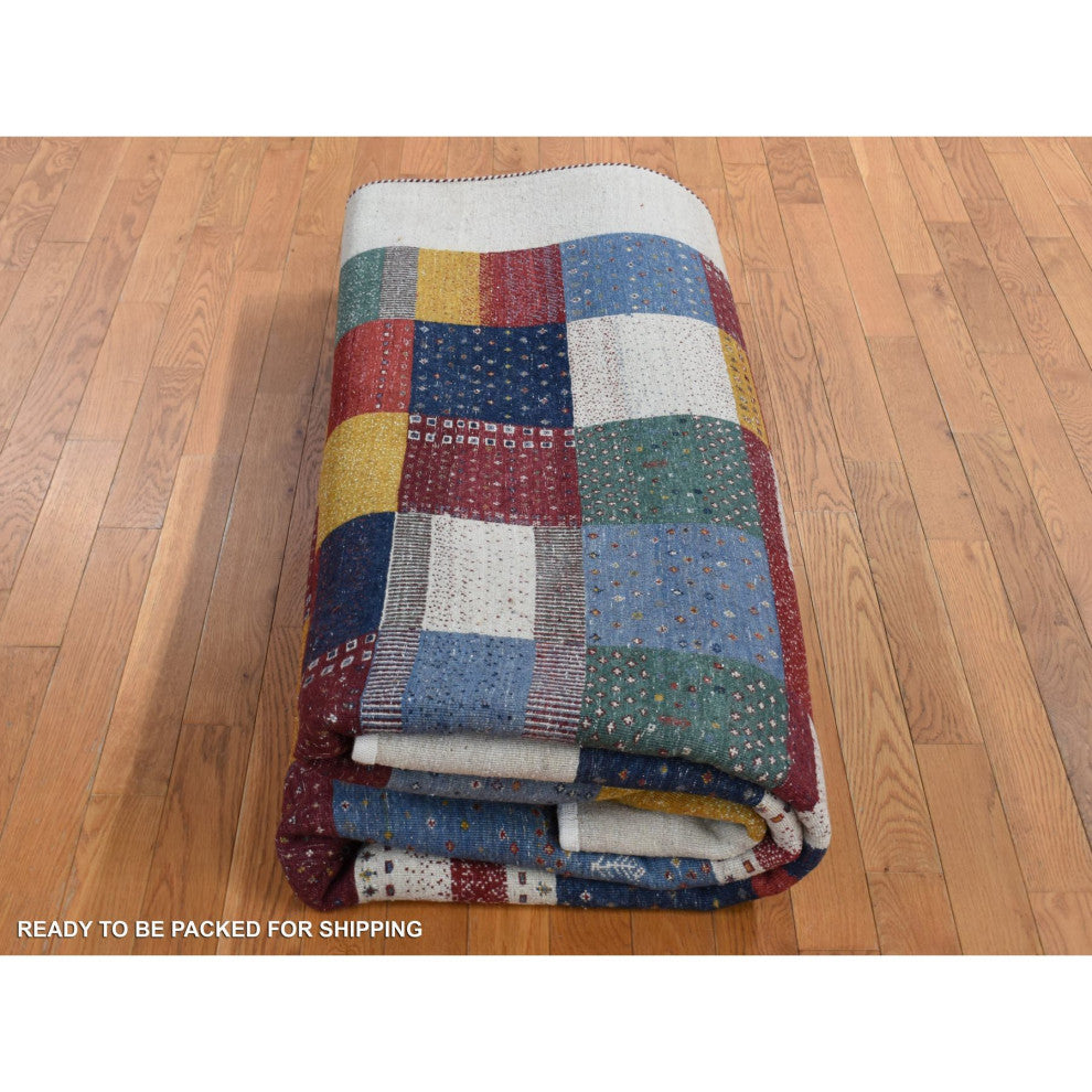 Ivory Persian Wool Hand Made Lori Buft Gabbeh Patchwork Design Rug 8'3"x9'9"