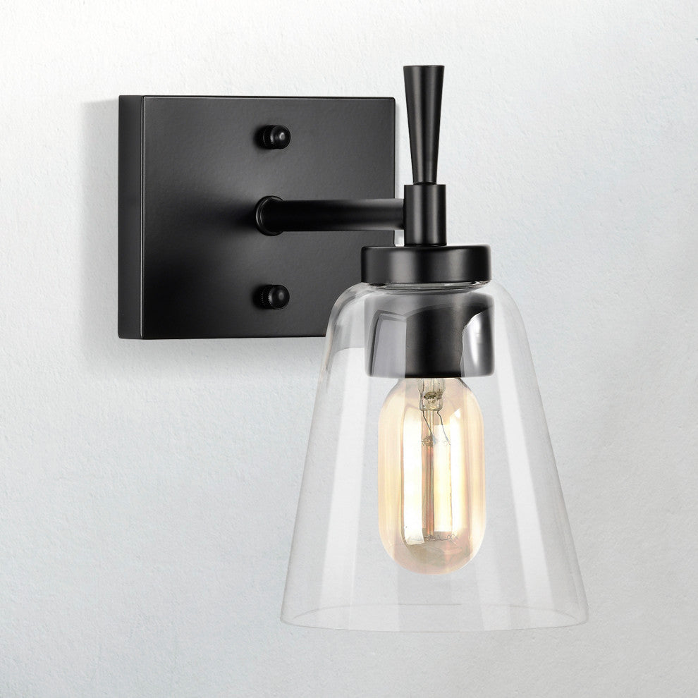 1-Light Matte Black Indoor Wall Sconce With Clear Cone Glass Shade