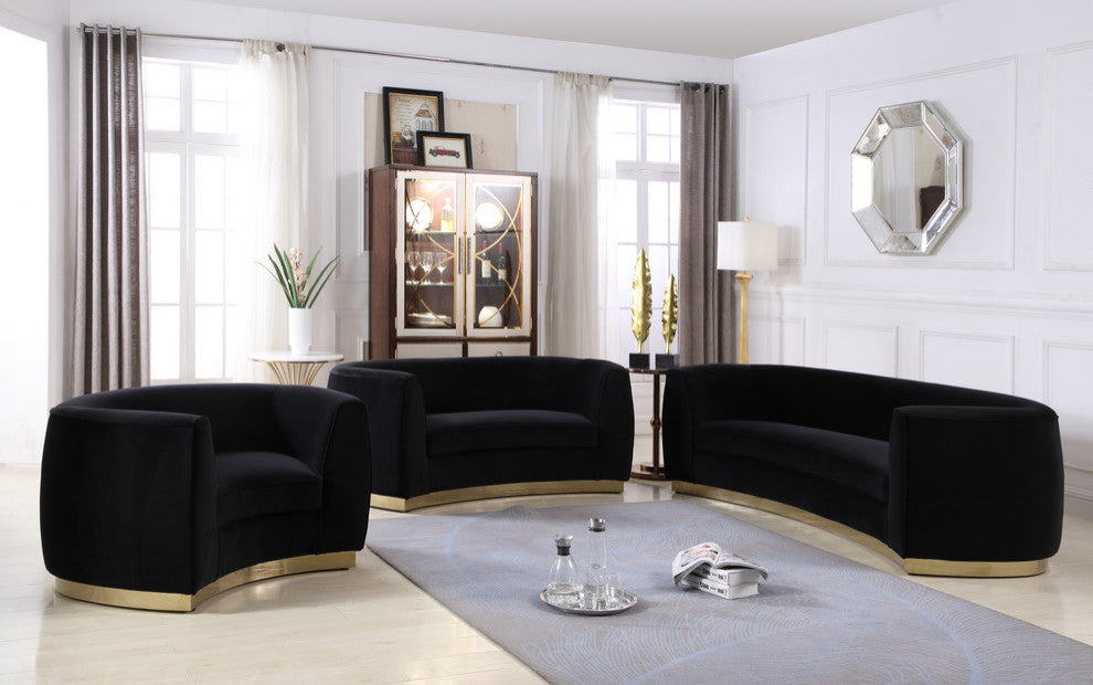 Julian Velvet Upholstered Loveseat, Black, Gold Base
