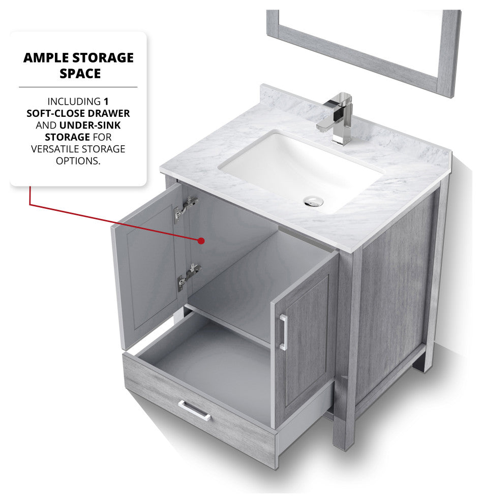 Jacques 30" Distressed Gray Single Vanity Carrara Marble Top Sink, 28" Mirror