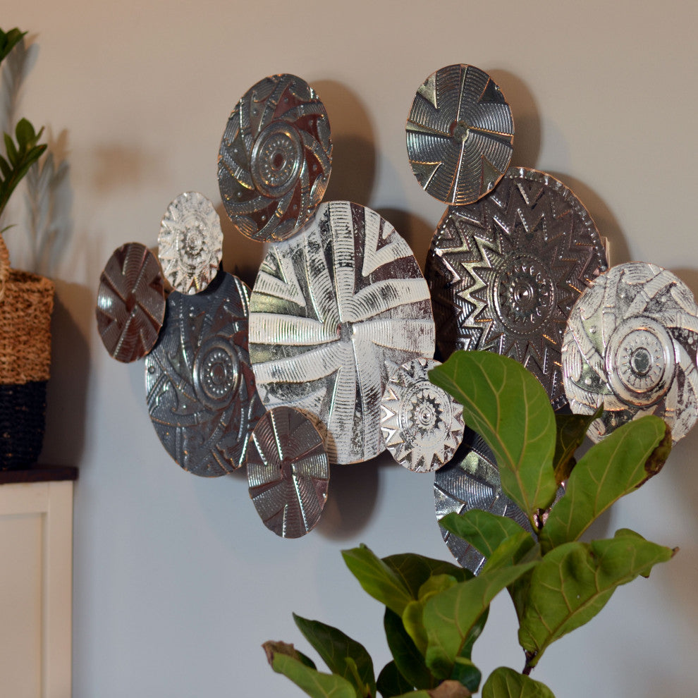 Modernist Floating Roundels, Atelier Metal Wall Decor, Gray White Washed Patina