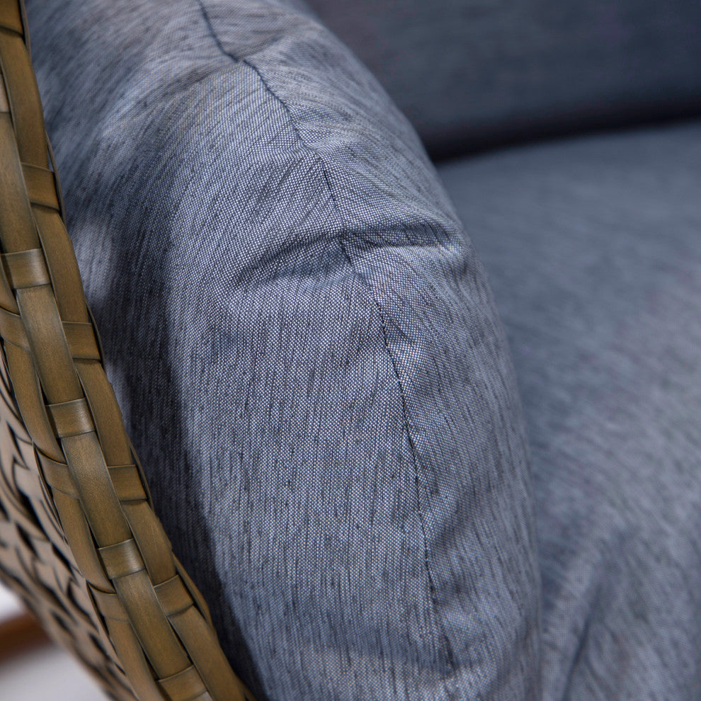 LeisureMod Beige Wicker Hanging Egg Swing Chair With Stand and Cushion, Charcoal Blue