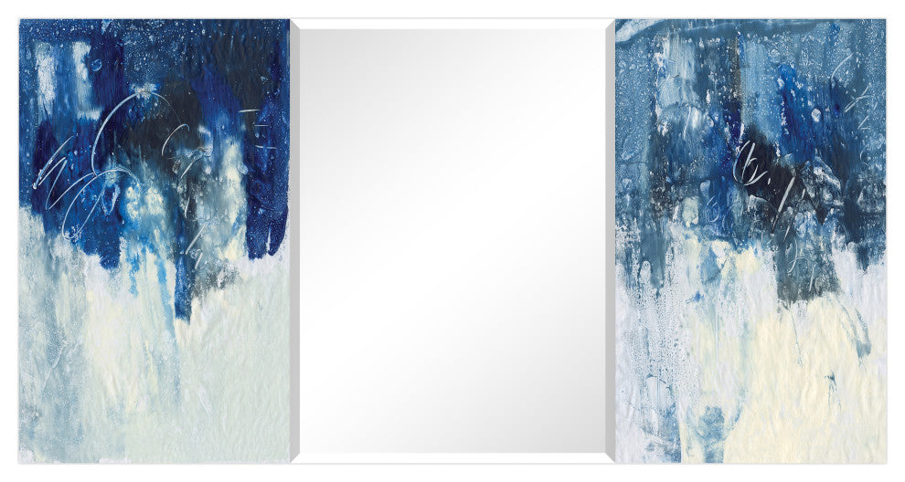 Abstract Rectangular Beveled Wall Mirror on Free Floating Printed Tempered Glass